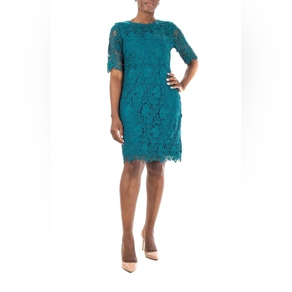 Nina Leonard Radiant Teal Floral Lace Sheath Dress Medium NWT